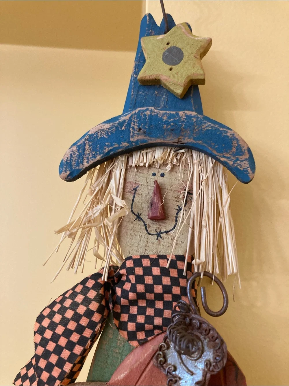 Rustic Wooden Folk Art Scarecrow holding a pumpkin Wall Hanging - used